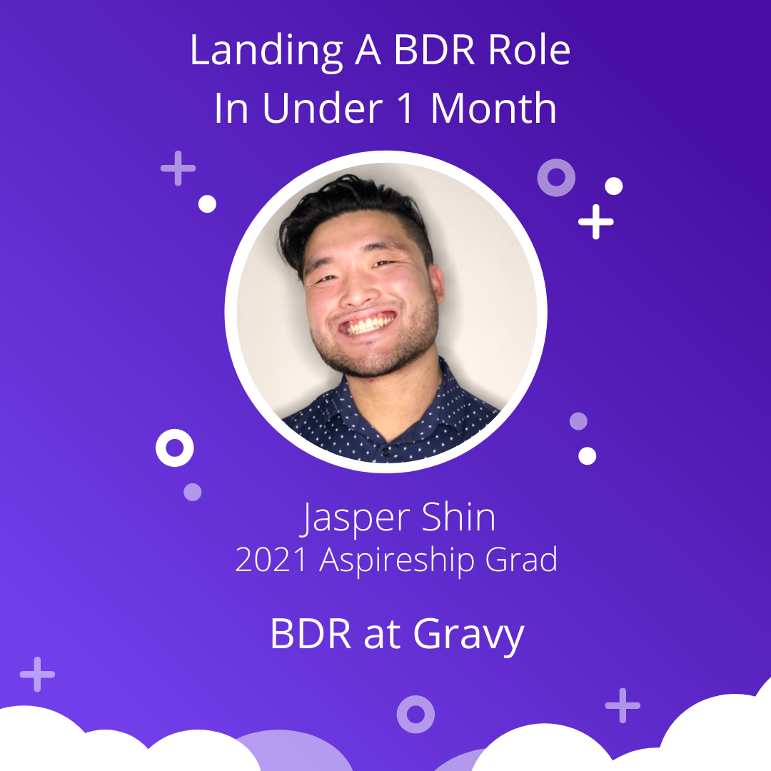 Aspireship Success Story graphic featuring Jasper Shin, 2021 Aspireship grad who landed a new job as a SaaS sales BDR at Gravy, an Aspireship hiring partner in just 20 days. The graphic reads "Landing an BDR Role in Under 1 Month - Jasper Shin, 2021 Aspireship Grad, BDR at Gravy."