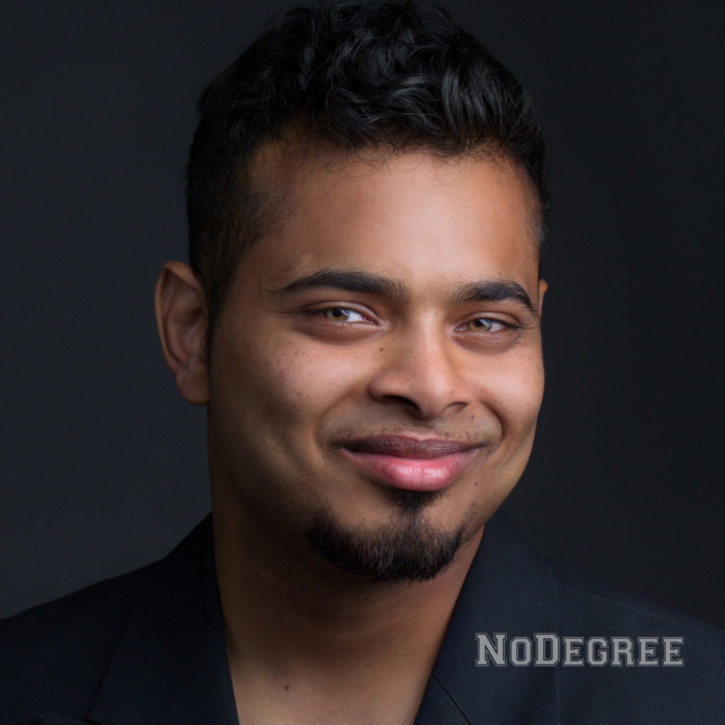 Photo of Jonaed Iqbal, Founder and CEO of the NoDegree website and podcast, who sat down and talked to Aspireship about how people can work in SaaS sales and pursue employment opportunities without a tradiitonal college education and degree.