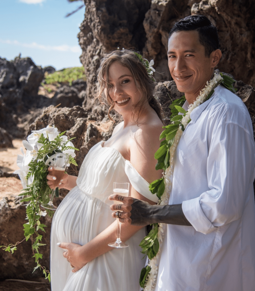 Photo of Lauren Inciong and her husband at their wedding in Hawaii; Lauren was able to find a family friendly, remote SaaS sales job with the help of Aspireship's free, online sales training course and job placement program.