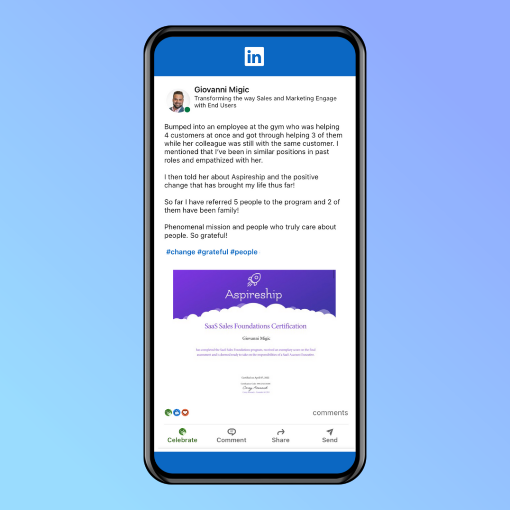 LinkedIn post Aspireship grad and Unlimited member Giovanni Migic continues to share the SaaS Sales Foundations and Customer Success Foundations programs with his family and friends.